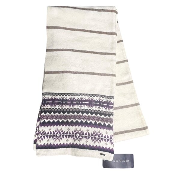 VTG Tommy Hilfiger Scarf Cream‎ Purple Fair Isle FIsherman Ski NEW - Picture 1 of 10